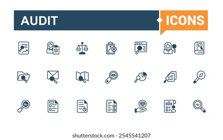 Set of Audit line icons. Featuring simple, company, tax, test, economy, set and more. Outline icon collections. Vector line and solid icons.