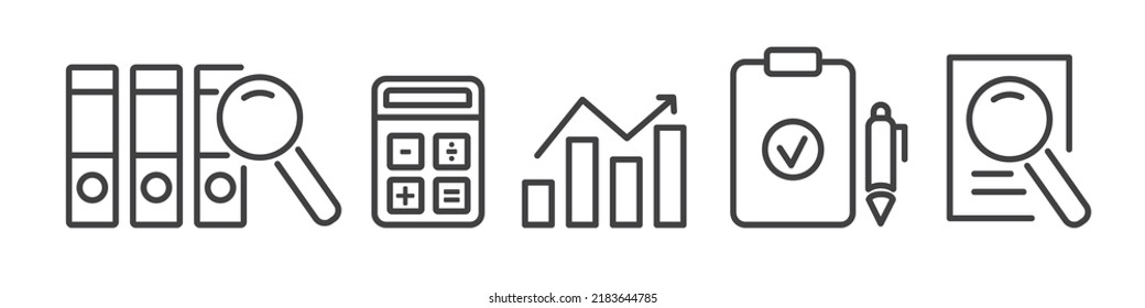 Set of Audit Vector Line Icons. Contains such graphics as file, magnifying glass, calcultor, graph and magnifier on a report. Editable Stroke on white background for web and print