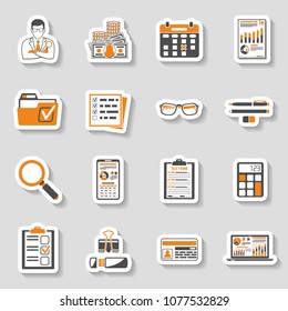 Set Auditing, Tax process calculation, Business Accounting sticker icons in flat style. Calculator, Magnifying Glass, Auditor, financial reports and Tax form. Vector illustration