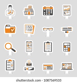 Set Auditing, Tax process calculation, Business Accounting sticker icons in flat style. Calculator, Magnifying Glass, Auditor, financial reports and Tax form. Vector illustration