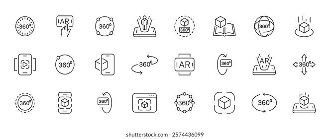 Set of augmented reality and 360-degree technology icons in line art style. Vector icon