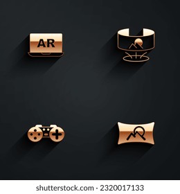 Set Augmented reality AR, 360 degree view, Gamepad and Wide angle picture icon with long shadow. Vector
