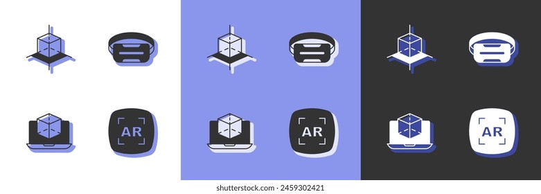 Set Augmented reality AR, 3d modeling,  and Virtual glasses icon. Vector