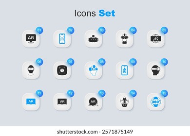Set Augmented reality AR, 3d modeling, 360 degree view, Virtual glasses,  and  icon. Vector