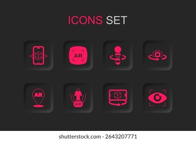 Set Augmented reality AR, 3d modeling, 360 degree view, Big brother electronic eye, VR controller game and  icon. Vector