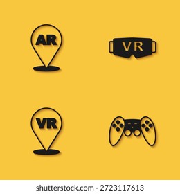 Set Augmented reality AR, Gamepad, Virtual and glasses icon with long shadow. Vector