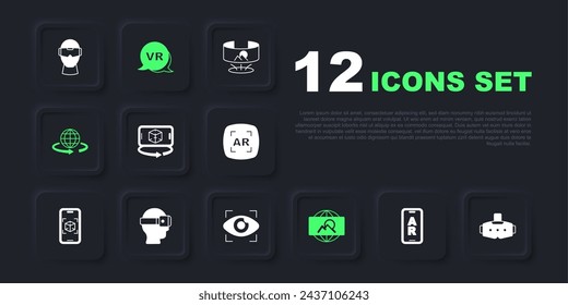 Set Augmented reality AR, Virtual glasses, 3d modeling, Wide angle picture,  and Big brother electronic eye icon. Vector