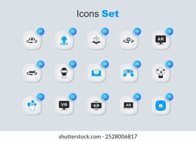 Set Augmented reality AR, Virtual glasses, 3d modeling, 360 degree view and  icon. Vector