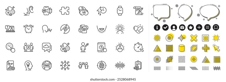 Set of Augmented reality, Cobalamin vitamin and Social distancing line icons for web app. Design elements, Social media icons. Weather forecast, Swipe up, Yoga icons. Vector