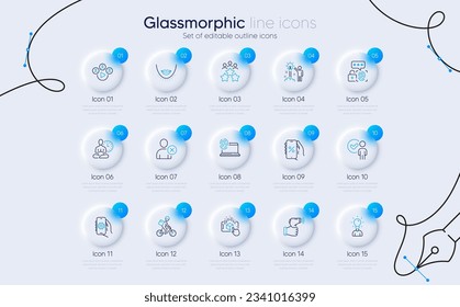 Set of Augmented reality, Electronic thermometer and Computer fingerprint line icons for web app. Discounts app, Chin, Yoga icons. Creative idea, Video conference, Business meeting signs. Vector
