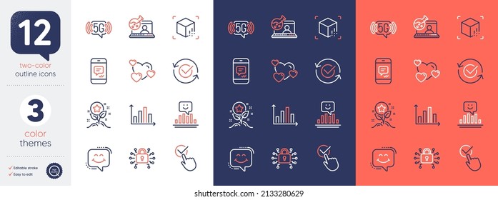 Set of Augmented reality, Smile chat and Heart line icons. Include Loyalty points, Checkbox, Approved icons. Security lock, Smile, 5g wifi web elements. Online chemistry, Diagram graph. Vector