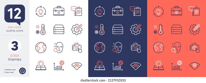 Set of Augmented reality, Sun energy and Settings gear line icons. Include 5g wifi, Coronavirus statistics, Clipboard icons. Weather thermometer, Idea, First aid web elements. Vector