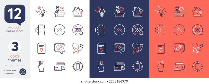 Set of Augmented reality, Wallet and Download file line icons. Include Street light, Smartphone target, Airplane icons. 360 degrees, Spanner, Touchscreen gesture web elements. Eco energy. Vector