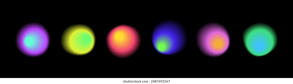 Set of aura gradient round shapes with liquid blurry effect. Holographic design elements, iridescent soft blobes, fluid neon illustration. Vector