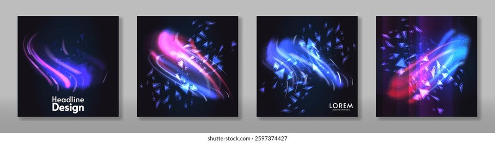 Set of aurora element design on dark background. Bright light. Northern lights. Vector illustration. Design for card, banner. 