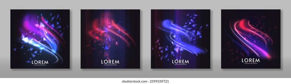 Set of aurora element design on dark background. Bright light. Northern lights. Vector illustration. Design for card, banner. 