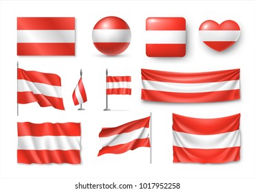 Set Austia flags, banners, banners, symbols, flat icon. Vector illustration of collection of national symbols on various objects and state signs