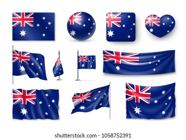 Set Australia realistic flags, banners, banners, symbols, icon. Vector illustration of collection of national symbols on various objects and state signs