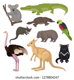 Set of Australian animals and birds. Wild creatures. Fauna theme. Detailed vector elements for zoology book or poster