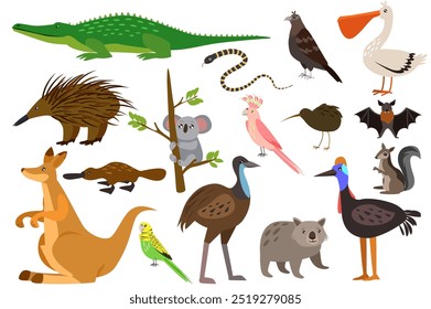 Conjunto de animais australianos em desenho animado plano. Imagens coloridas de vários animais australianos, como cangurus, crocodilos-coala e várias aves, mostrando a fauna única. Ilustração vetorial.