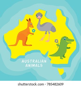 Set of Australian animals on map. Vector illustration of kangaroo, crocodile,  ostrich in children's cartoon style.