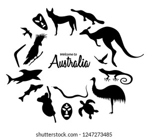 Set of Australian animals silhouettes. The nature of Australia. Isolated on white background. Black silhouette of  kangaroo, masks, shark, boomerang, koala, parrot. Hand drawn. Vector illustration.