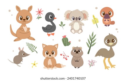 Set of Australian animals vector illustration isolated on white background. Cute flat style Dingo ,bandicoot ,swan ,kangaroo ,koala ,emu , platypus ,wombat for your design. Australia Day illustration.