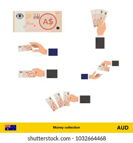 Set of Australian dollar banknote. Holding, throwing Australian dollar banknote.