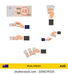 Set of  Australian dollar banknote. Holding, throwing  Australian dollar banknote.