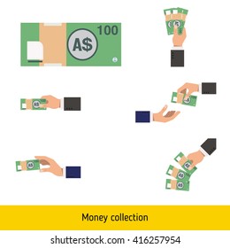 Set of australian dollar. Holding, throwing australian dollar.