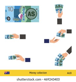 Set of australian dollar. Holding, throwing australian dollar.