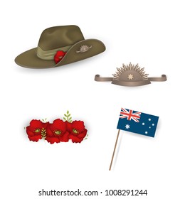 Set of australian flag, Anzac australian army slouch hat with red poppy, Decorative anzac poppies beautiful  flowers isolated. Design elements for Anzac Day or Remembrance Armistice Day. vector.