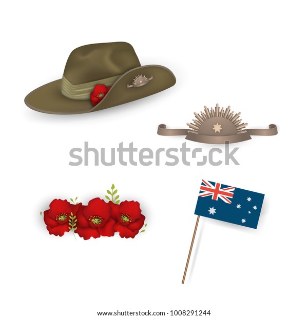 Set of australian flag, Anzac australian army\
slouch hat with red poppy, Decorative anzac poppies beautiful \
flowers isolated. Design elements for Anzac Day or Remembrance\
Armistice Day. vector.