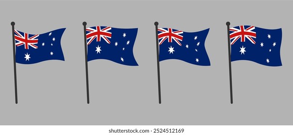 Conjunto de banderas australianas ondeando en postes aislados sobre fondo gris en estilo plano, Ilustración vectorial editable y escalable para iconos, símbolos y Elementos de Diseño gráfico