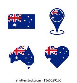 Set of Australian national symbols. Flag of australia, map, heart and location icon vector collection.