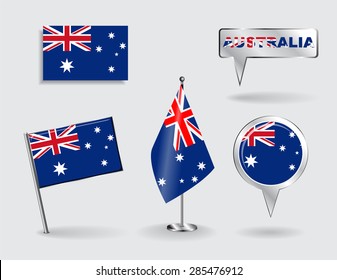 Set of Australian pin, icon and map pointer flags. Vector illustration.