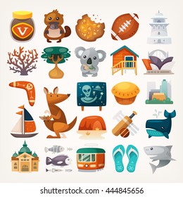 Set of Australian travel icons. Symbols of the continent. Various sights and famous elements from all parts of the island. Isolated vector illustrations.