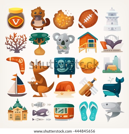 Set of Australian travel icons. Symbols of the continent. Various sights and famous elements from all parts of the island. Isolated vector illustrations.