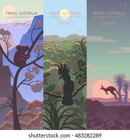 Set of Australian travel posters. Every  element is located on a separate layer. Images is cropped with Clipping Mask. Easy to edit