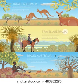 Set of Australian travel posters. Every  element is located on a separate layer. Images is cropped with Clipping Mask. Easy to edit