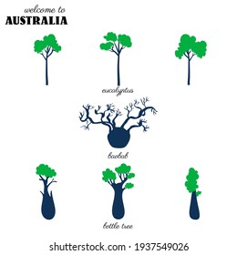 Set of australian tree, baobab, bottle tree, cypress hand drawn vector isolated on white, Flat cartoon forest icon, decorative colorful sign for design travel infographic, pattern, eco poster