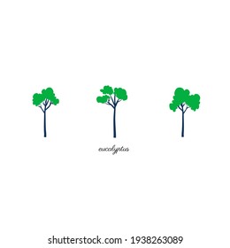 Conjunto de árbol australiano, vector dibujado a mano por ciprés aislado en fondo blanco, icono de la selva de dibujos animados planos, signo decorativo colorido para diseño infografía de viajes, patrón, afiche ecológico, logotipo