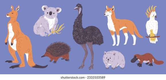 Set of Australian wild animals, flat vector illustration isolated on blue background. Kangaroo, koala, echidna, emu ostrich, wombat and cockatoo. Cute platypus and dingo drawings.