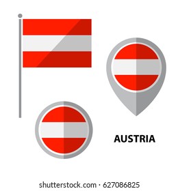 Set of Austria flag and map pointer icon. Design elements for stickers or flyers. Flat design.