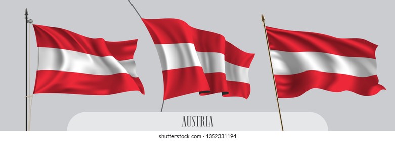 Set of Austria waving flag on isolated background vector illustration. 3 red white Austrian wavy realistic flag as a patriotic symbol 