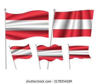 Set of Austria waving flag on isolated background vector illustration. 5 Austrian wavy realistic flag as a symbol of patriotism
