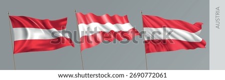 Set of Austria waving flag on isolated background vector illustration. 3 red Austrian wavy realistic flag as a patriotic symbol
