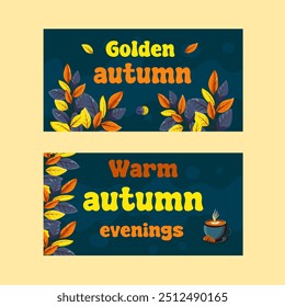 Set of authentic banners with drawn exercise "Hello Autumn". Handwritten slogan of the fall season. Phrase with cute cozy design elements