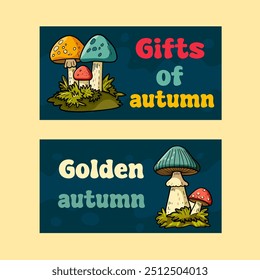 A set of authentic banners with the drawn exercise "Hello Autumn" mushrooms, forest, harvest. Handwritten slogan of the fall season. Phrase with cute cozy design elements