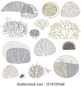 A set of authentic bushes designer silhouettes, capably done with flat decorative performance. 